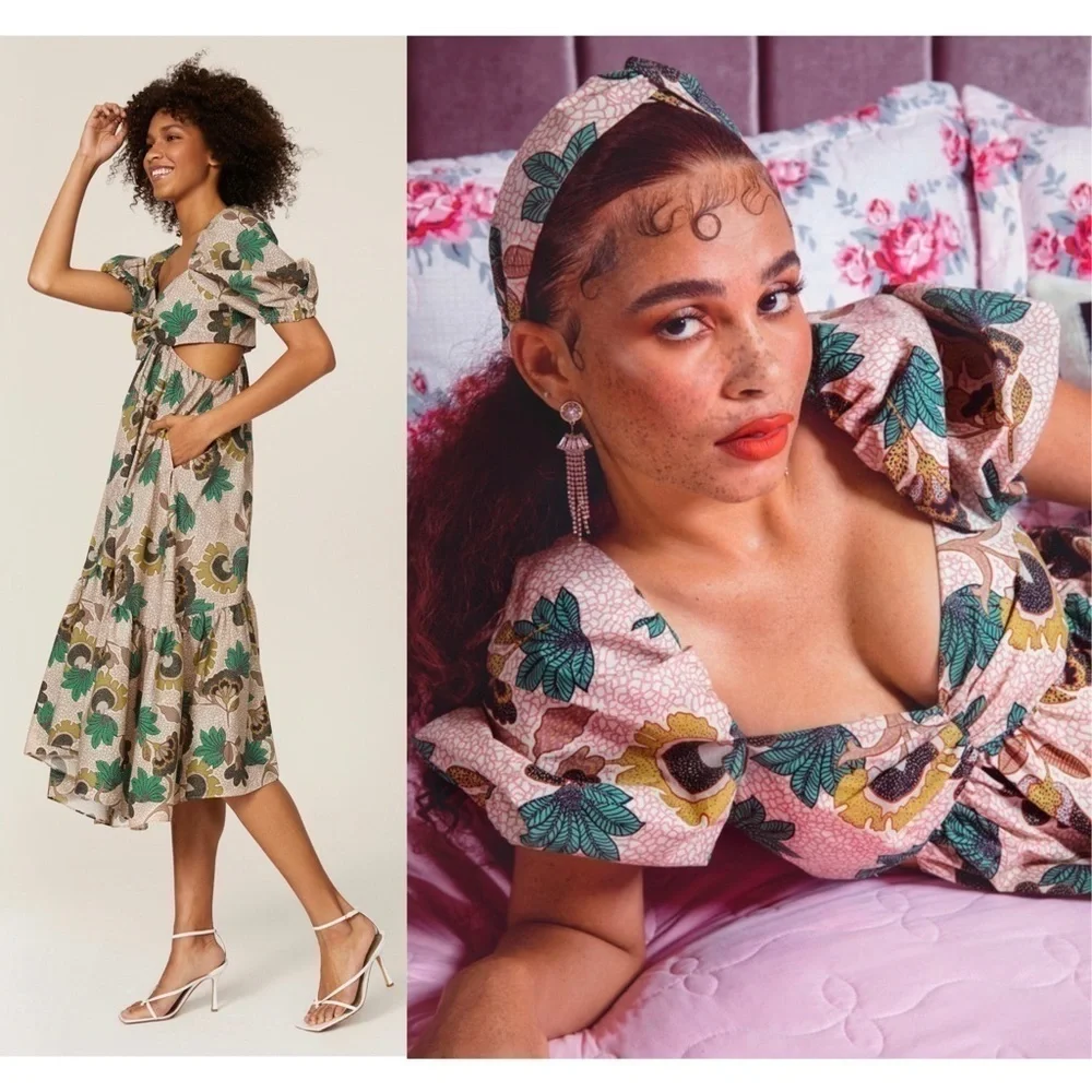 AUTUMN ADEIGBO Floral Print Puff Short Sleeve Cutout Tiered Ruffle Midi Dress 16